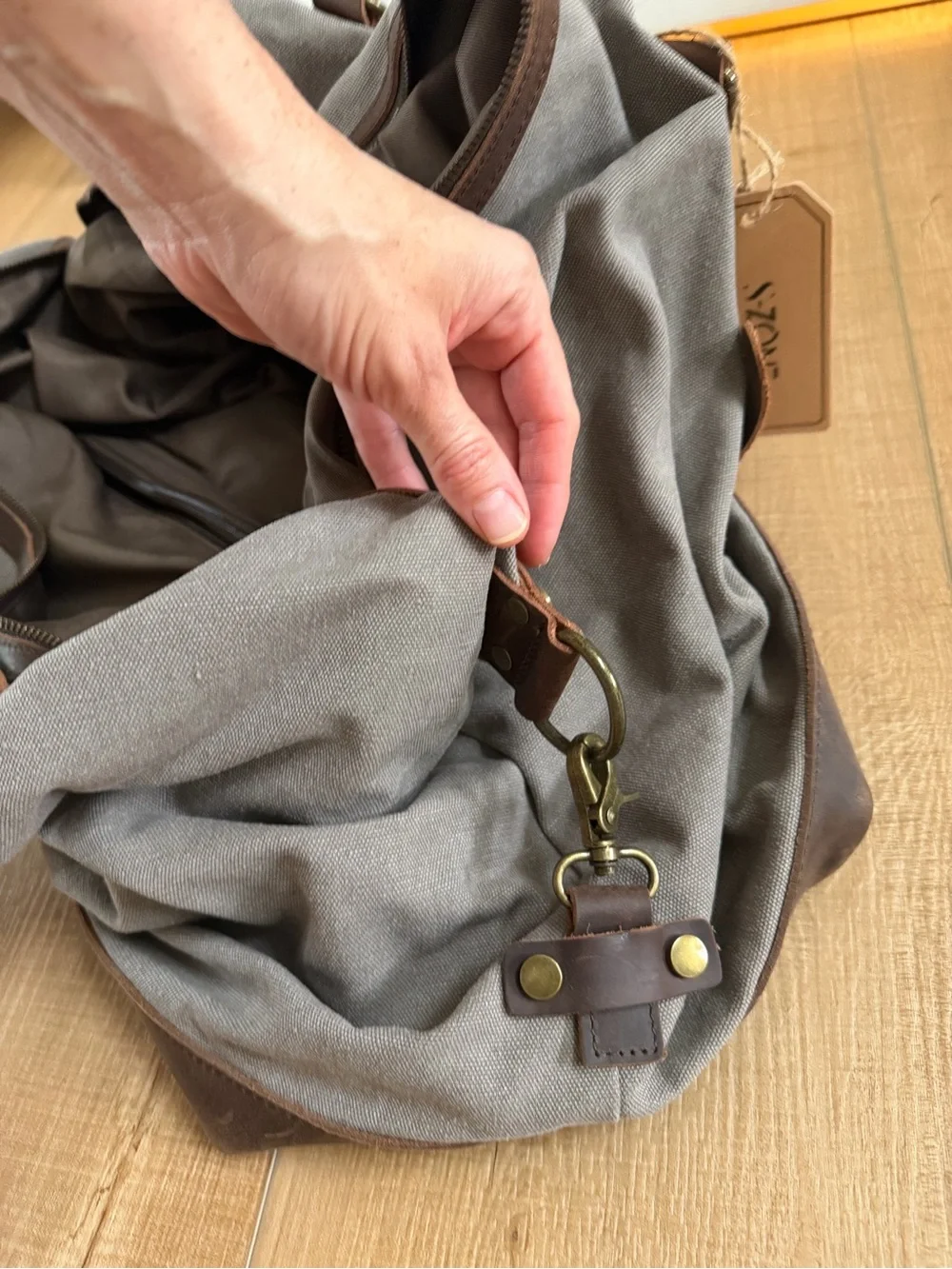 Gray Canvas Duffel Bag with Brown Leather Trim - Classic Travel Weekender